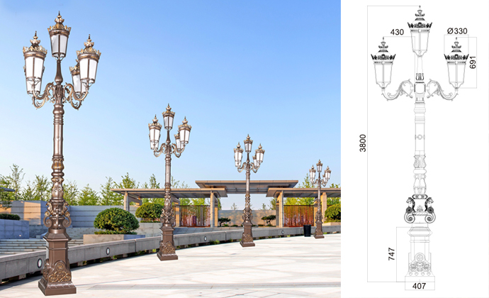 (QDTYD-JZ002)3.8米精铸铝马头5火仿古庭院灯安装效果和图纸